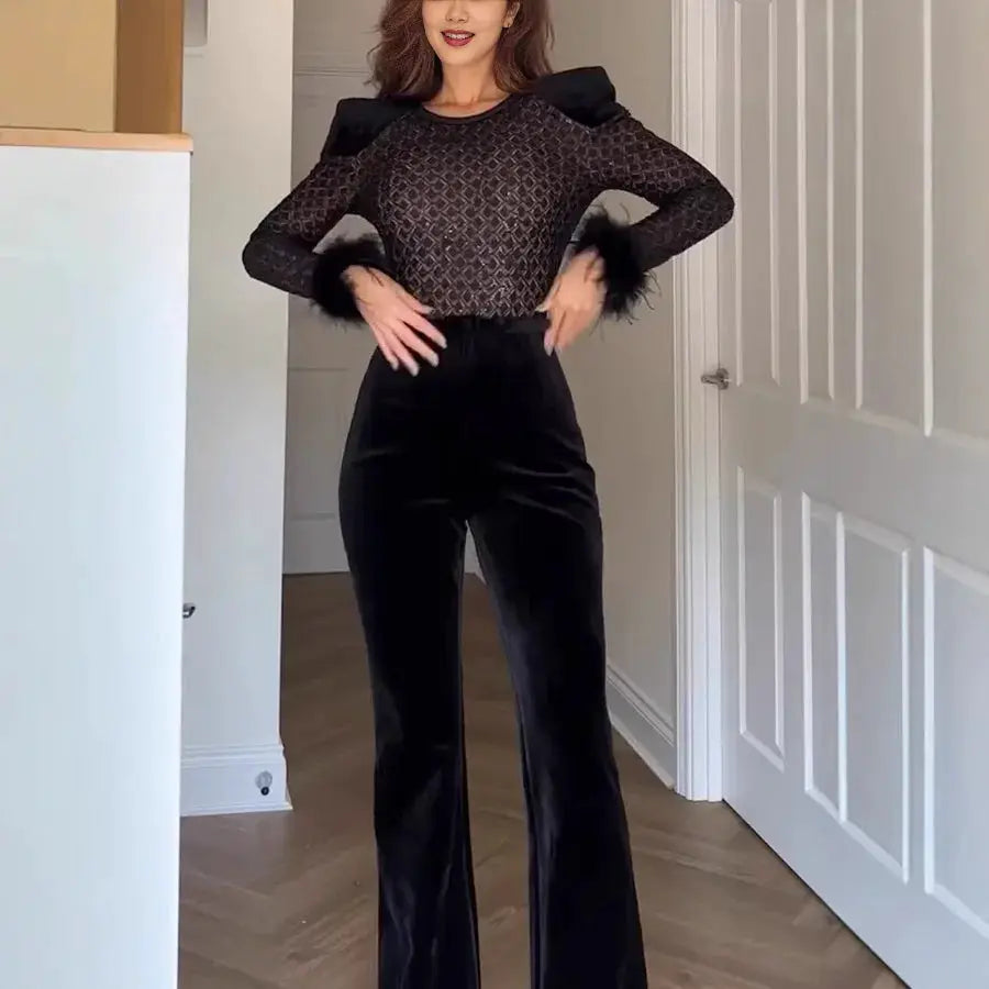 Simples Market women's black velvet jumpsuit with long sleeves and slim fit