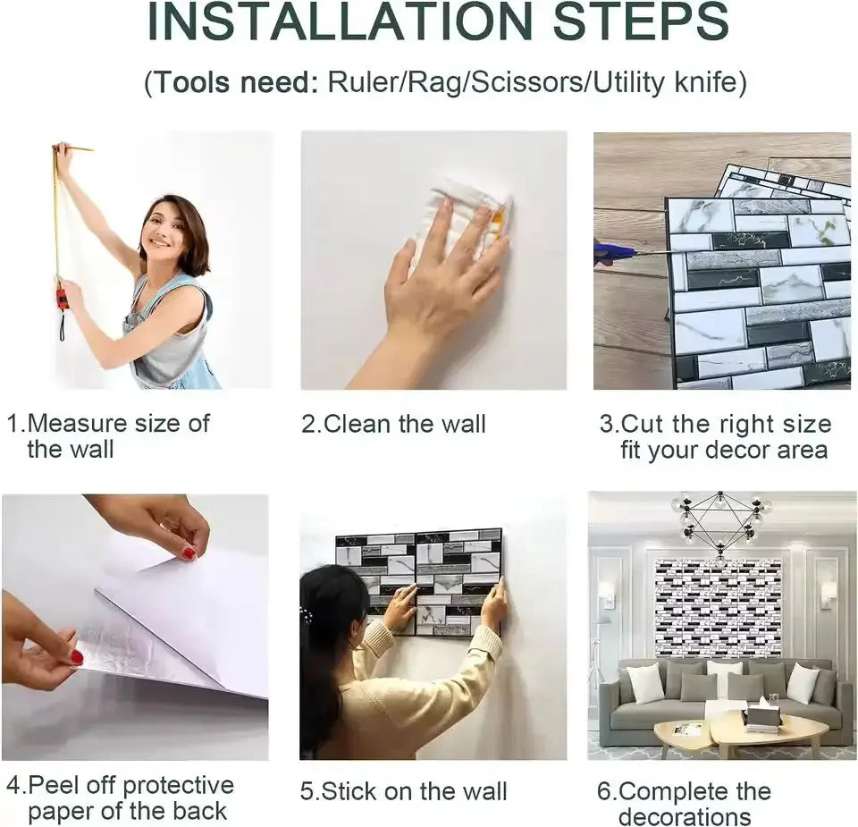 Self-adhesive tile wall sticker set (5/10 pcs), 3D PVC waterproof wall decor for kitchen, cupboard, bathroom.