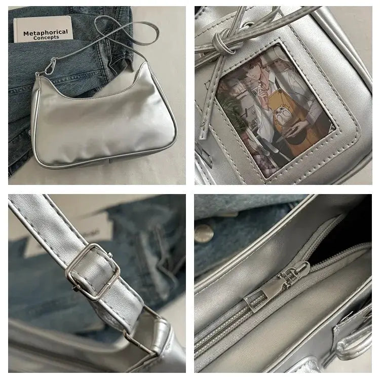 Ita bag silver metallic Y2K Harajuku shoulder bag with transparent window and adjustable crossbody strap