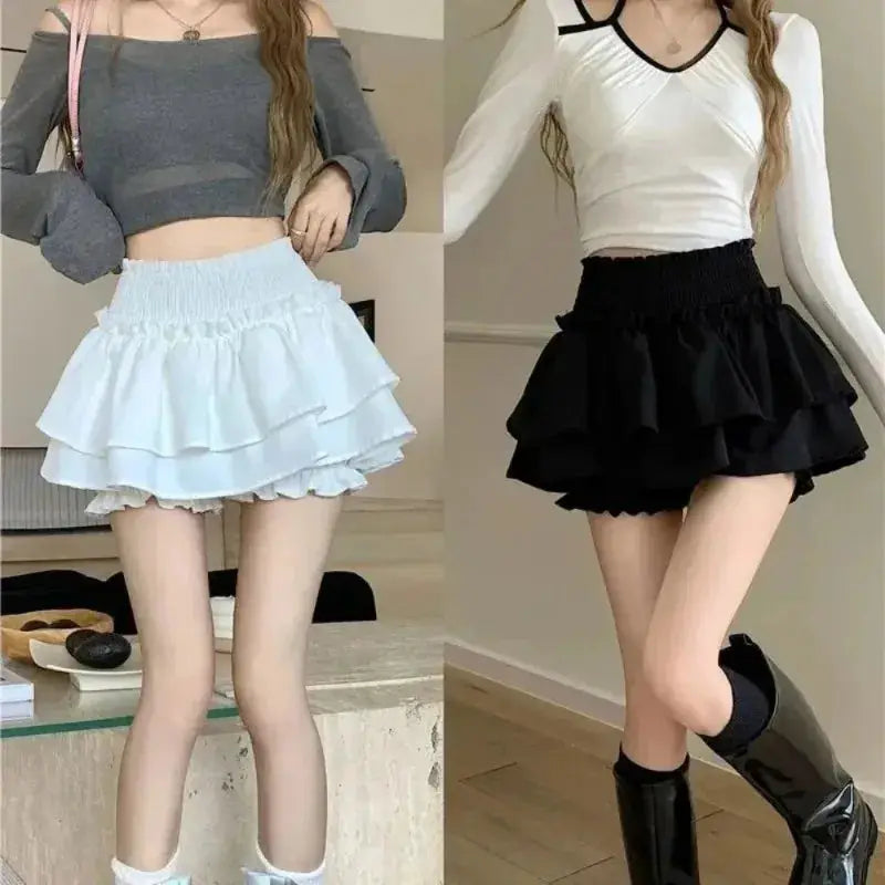 Summer Kawaii mini A-line skirt in light blue and black, high-waisted with layered ruffles.