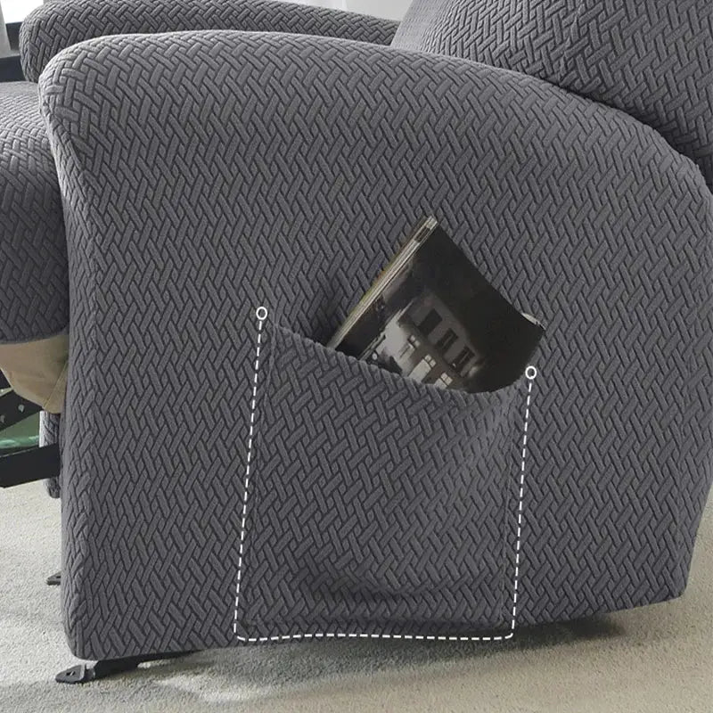 Jacquard stretch recliner chair cover in dark gray with side pocket