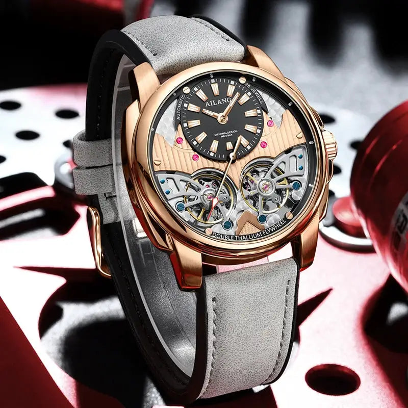 AILANG automatic mechanical luxury watch with rose-gold case, grey leather strap, dual tourbillon skeleton dial