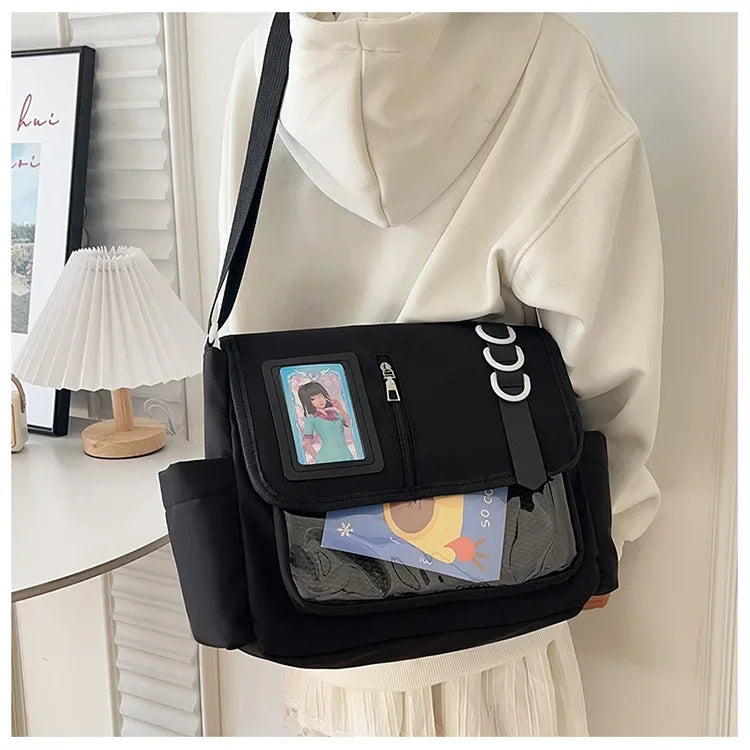Y2K Harajuku Itabag crossbody bag, black with a transparent badge display window