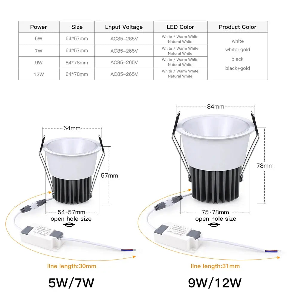 Aluminum LED spotlight bulbs by Simples Market, 5W/7W and 9W/12W, white with black heatsink, recessed ceiling downlights