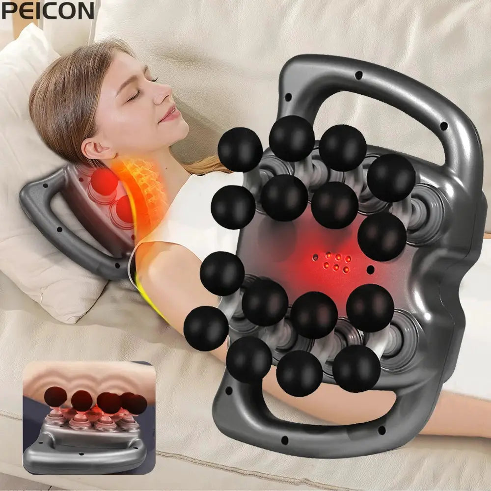 Fascia massage gun with 16 black heads, gray body, and red LED center; PEICON logo visible