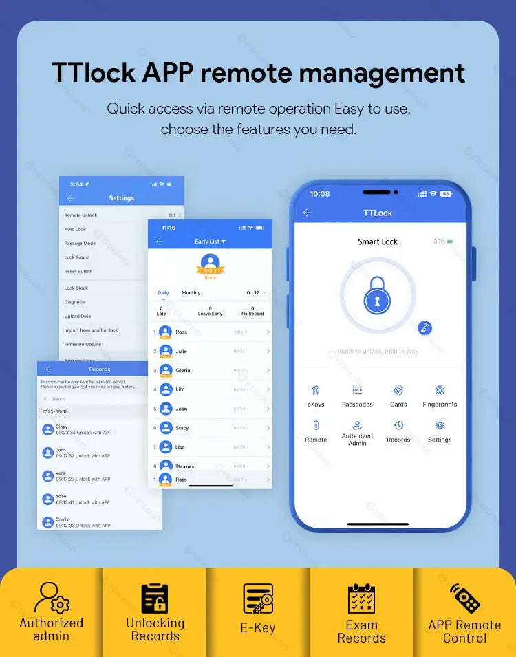 TTLock smart door lock app UI Simples Market; blue screens show settings, records, and main control