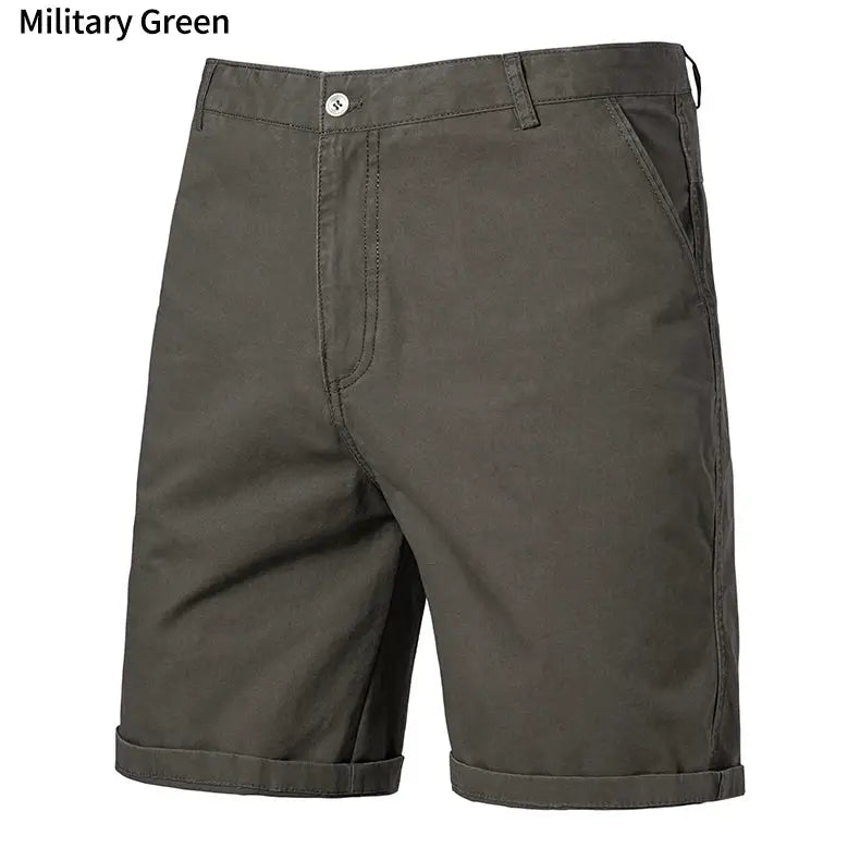 Men's military green cotton casual shorts, knee-length with rolled cuffs