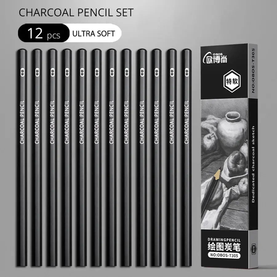 Charcoal pencil set, 12 ultra-soft pencils for drawing, OBOS branded box