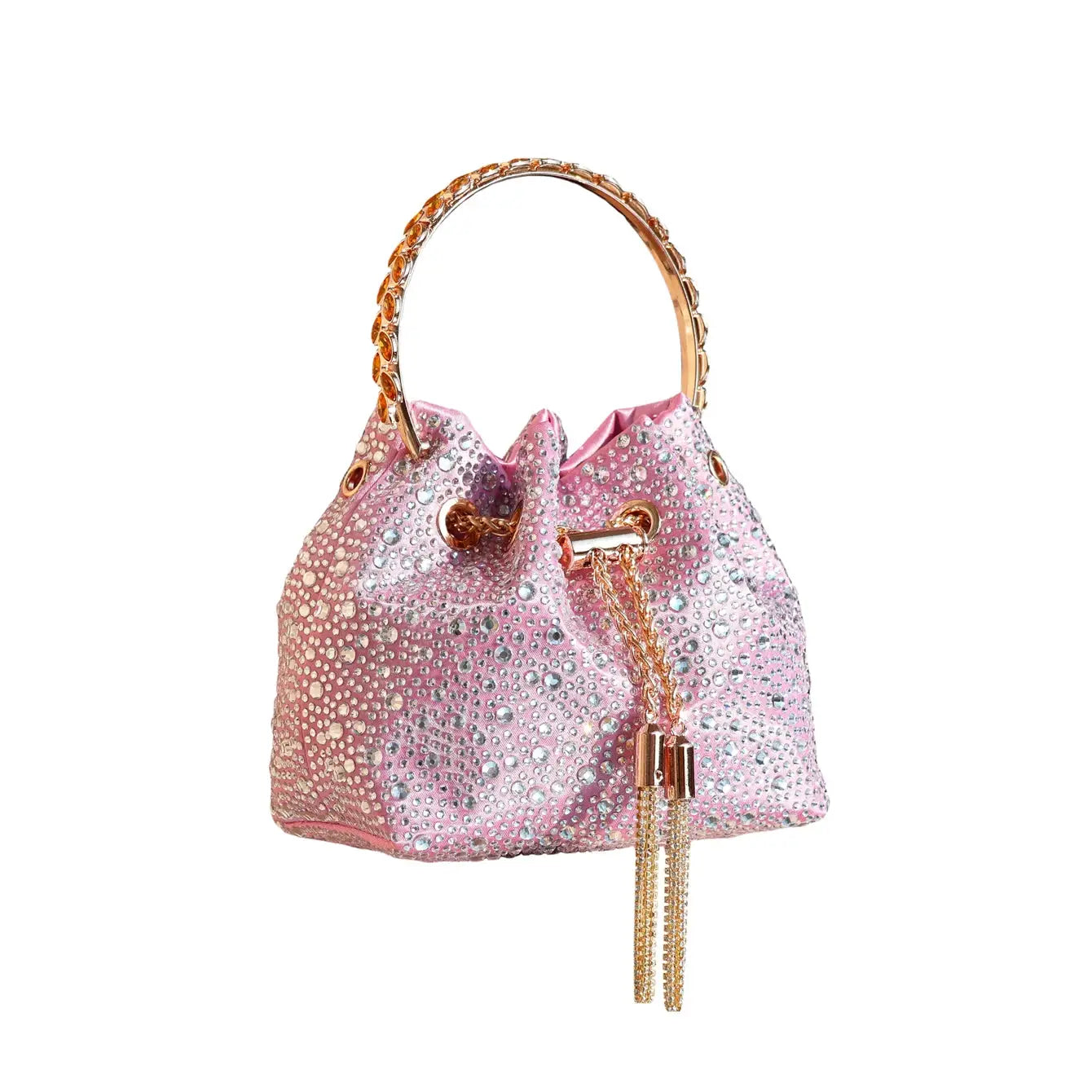 Rhinestone pink bucket bag with gold-tone chain handle and tassel Simples Market