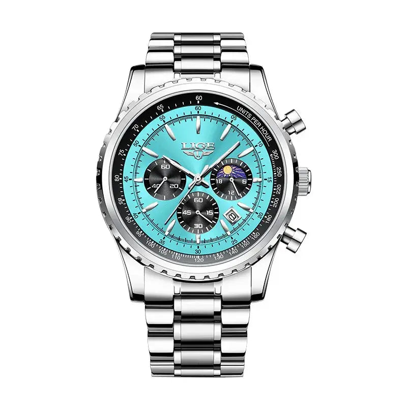 LIGE men's stainless steel chronograph wristwatch with turquoise dial, date window, luminous hands