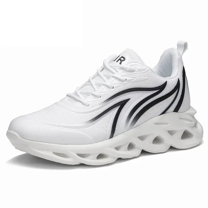 Men's white mesh running shoe with breathable upper and chunky sole