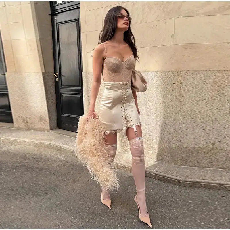 Urban Lace Patchwork Women's Skirt by Simples Market, beige lace-up mini with front corset-style lacing.