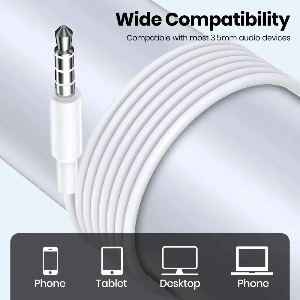 Headphones Simples Market white wired 3.5mm stereo with coiled cable, universal compatibility for phone, tablet, desktop