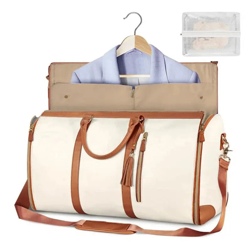 Simples Market foldable PU leather travel duffel bag, large cream with tan trim, carry-on size with mesh pouch
