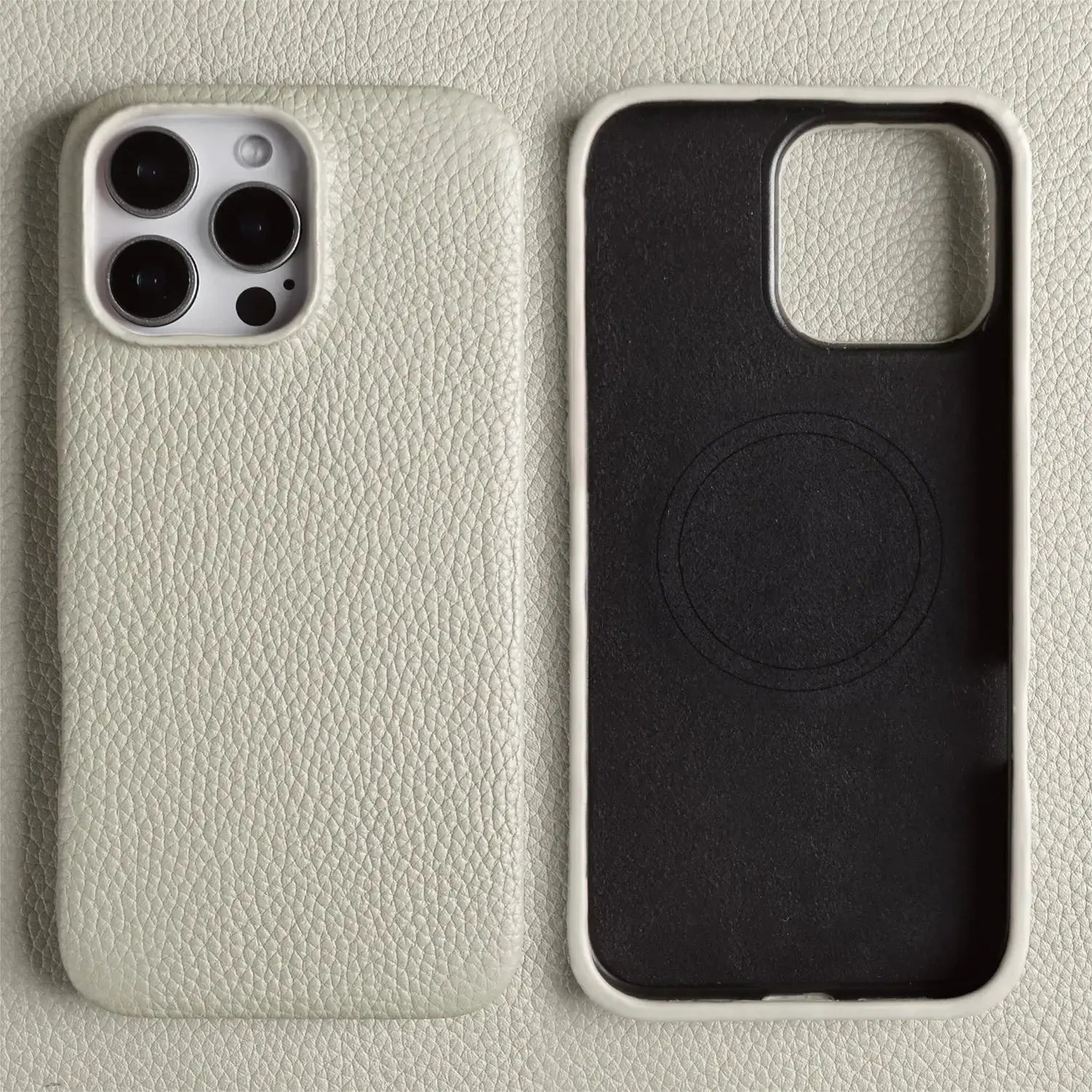 Simples Market luxury MagSafe leather case for iPhone 16 Pro Max; white genuine leather, two-piece full-wrap back cover