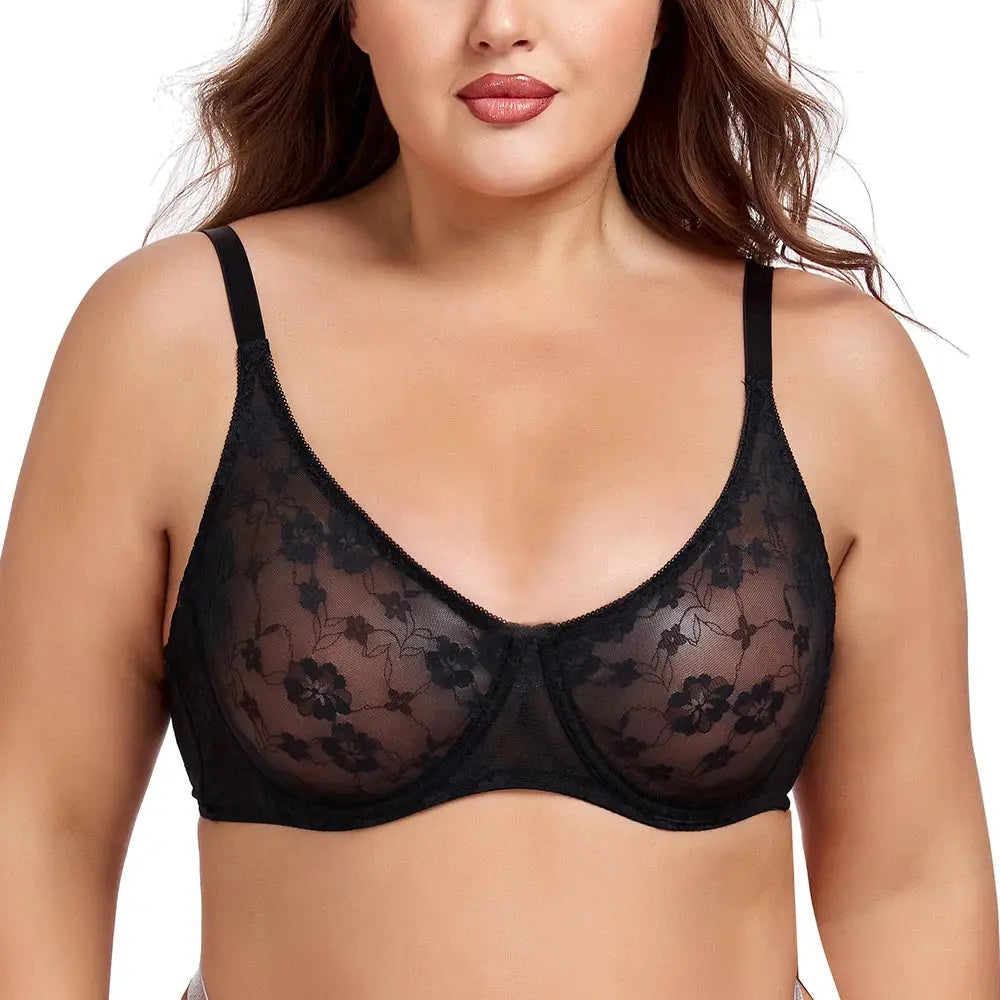 Plus size lace underwire bra in black with sheer floral mesh, supportive full-coverage design and comfortable fit