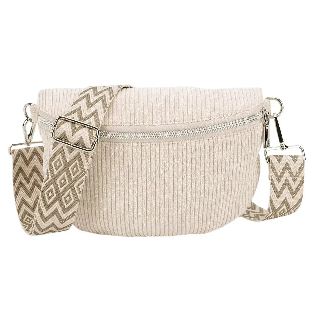 Corduroy chest bag with wide chevron-pattern strap, beige waist pack with multiple pockets and metal zipper.