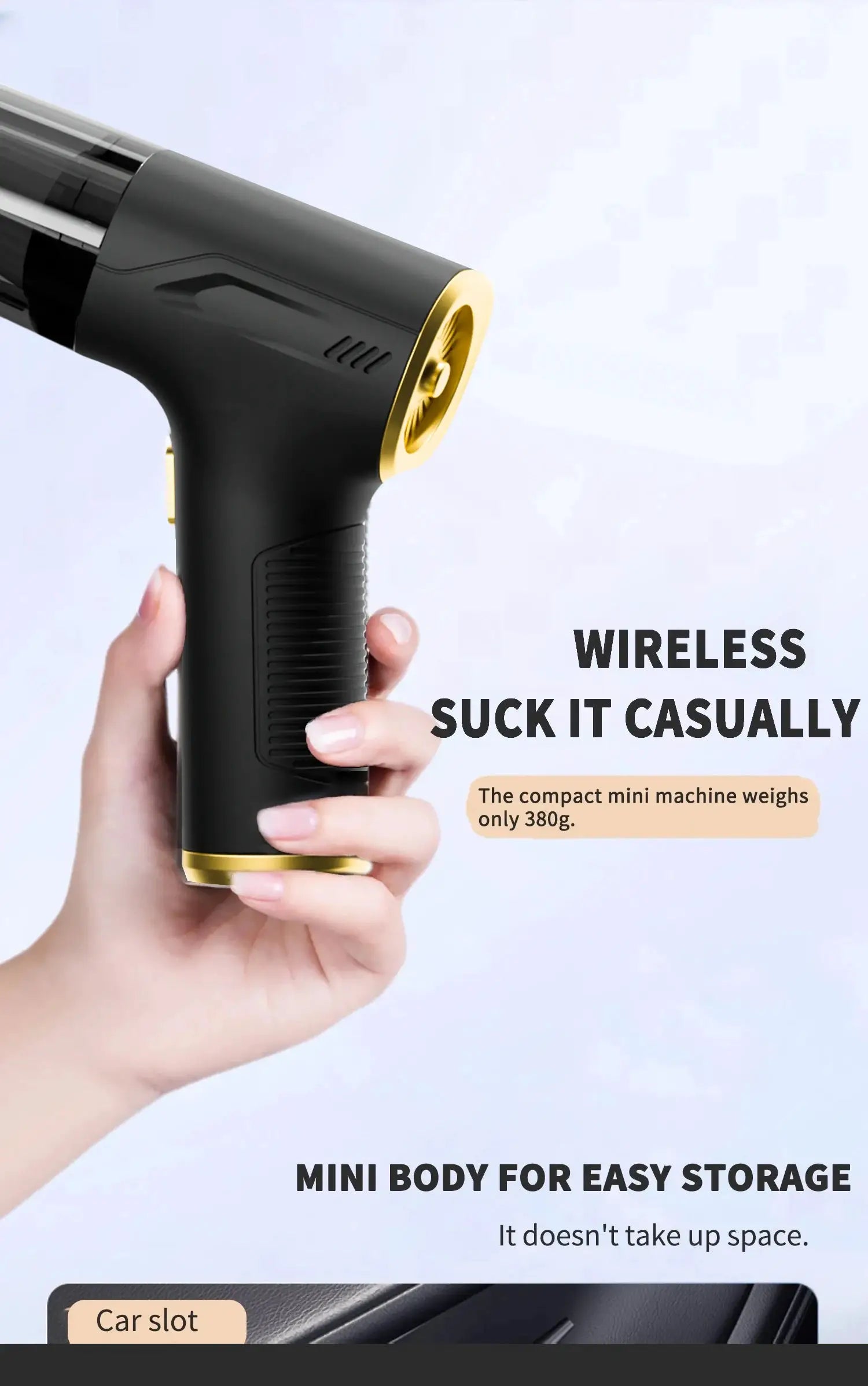 CENRR 98000PA car vacuum cleaner; portable wireless handheld with black body and gold trim by Simples Market