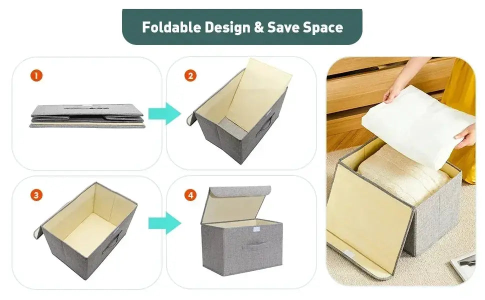 Washable cotton-linen foldable storage box with lid by Simples Market; grey fabric, beige interior