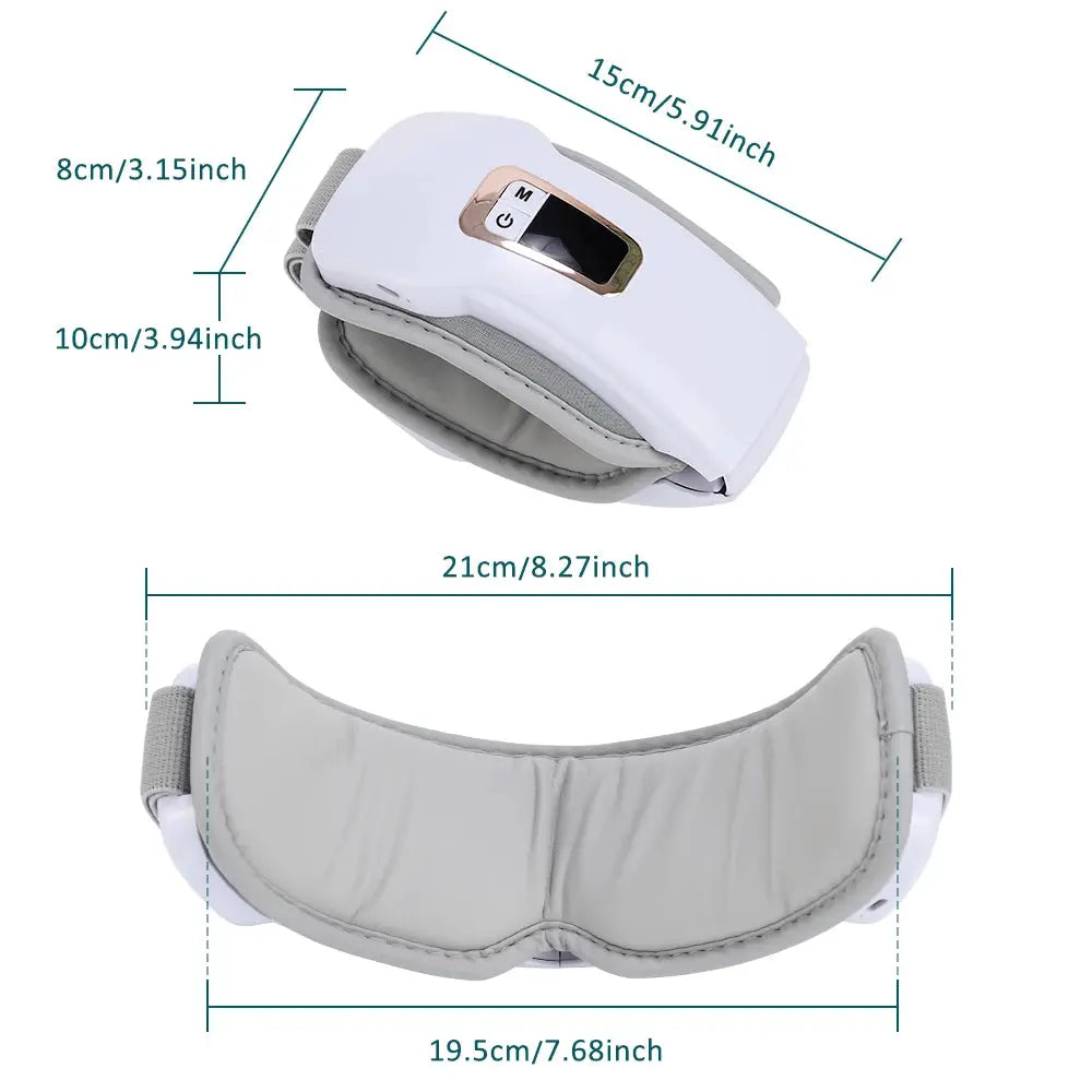Foldable eye massager with air pressure, vibration and hot compress; BT music, white shell, grey eye cups Simples Market