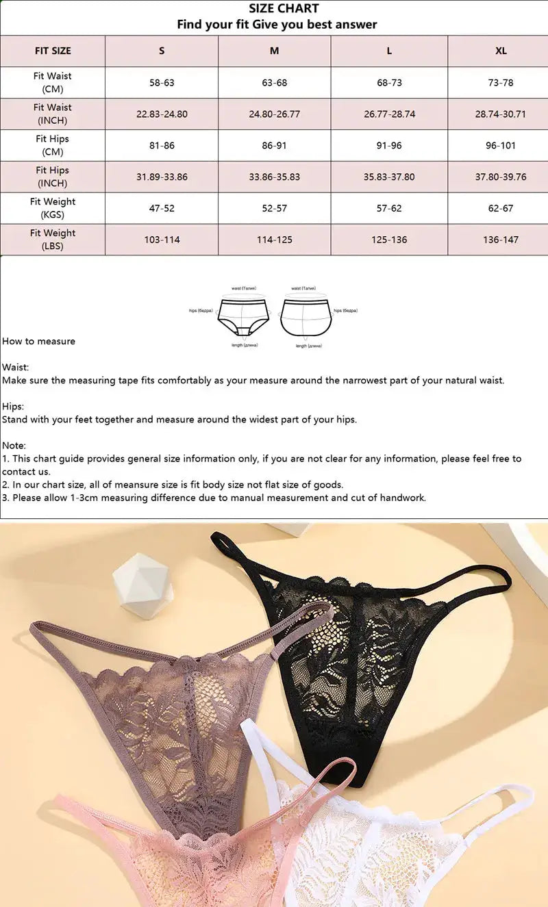 4-pack lace thong set for women in lavender, black, pink, and white