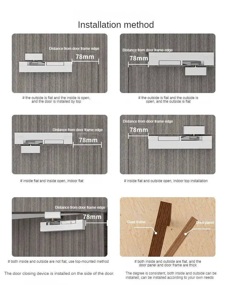 Door closer stopper by Simples Market, automatic closer in silver, six installation diagrams with 78mm spacing
