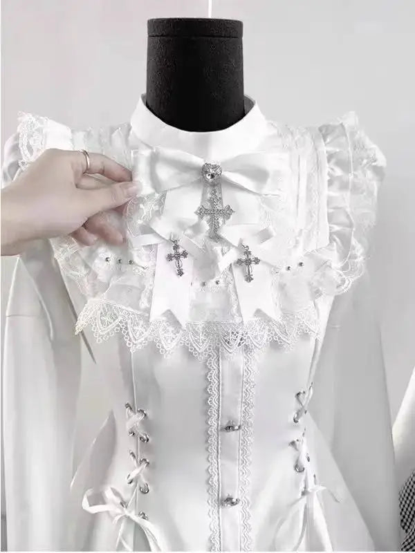 Japanese Gothic Lolita Dress Set Women Harajuku Y2K Bow Lace Ruffles