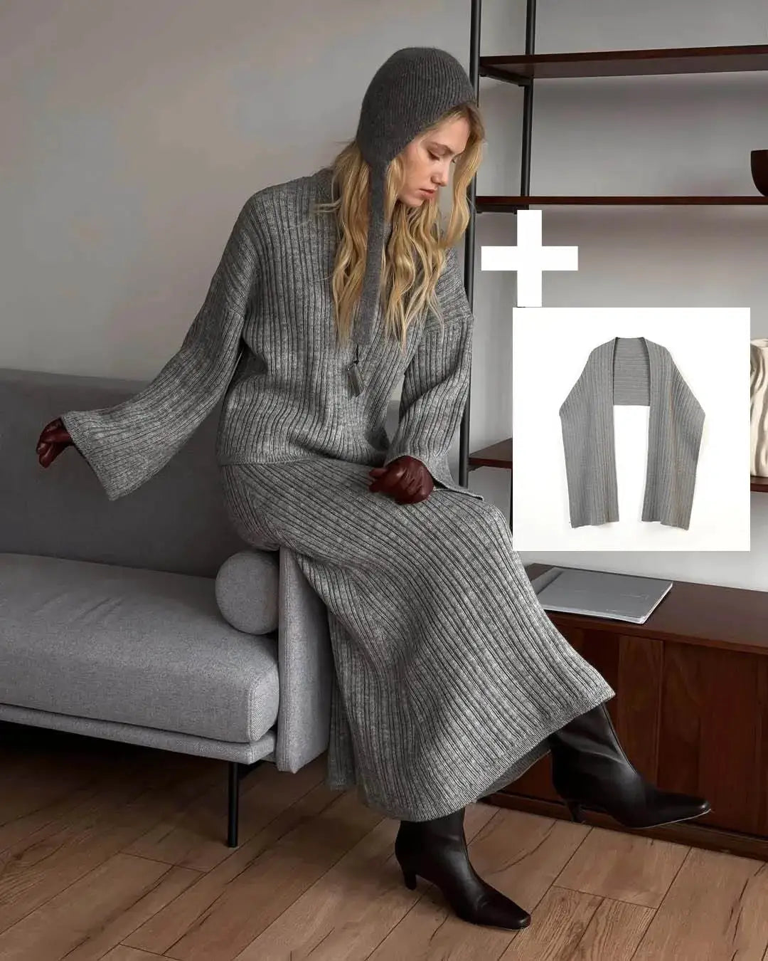 Hirsionsan Two Piece Set Women Polo Neck Cardigan And Midi Dress