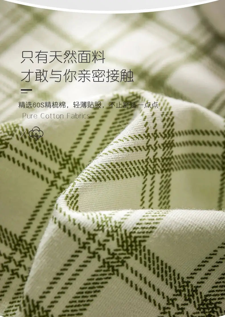 Cotton plaid fabric close-up in green and white, Pure Cotton Fabrics