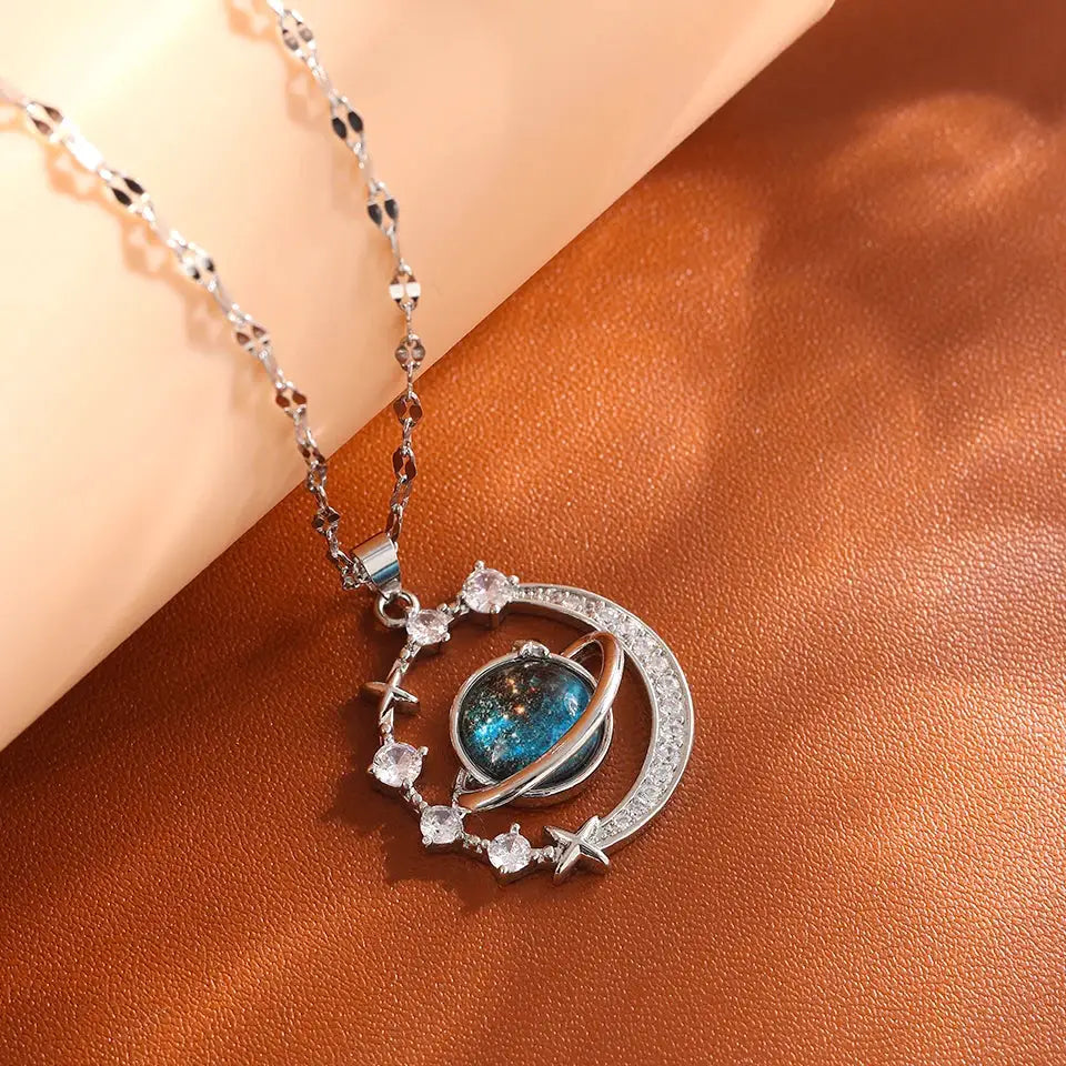Light Luxury Titanium Steel Star Series Necklace For Women With Gold Planet Moon Astronaut Pendant Jewelry Gift