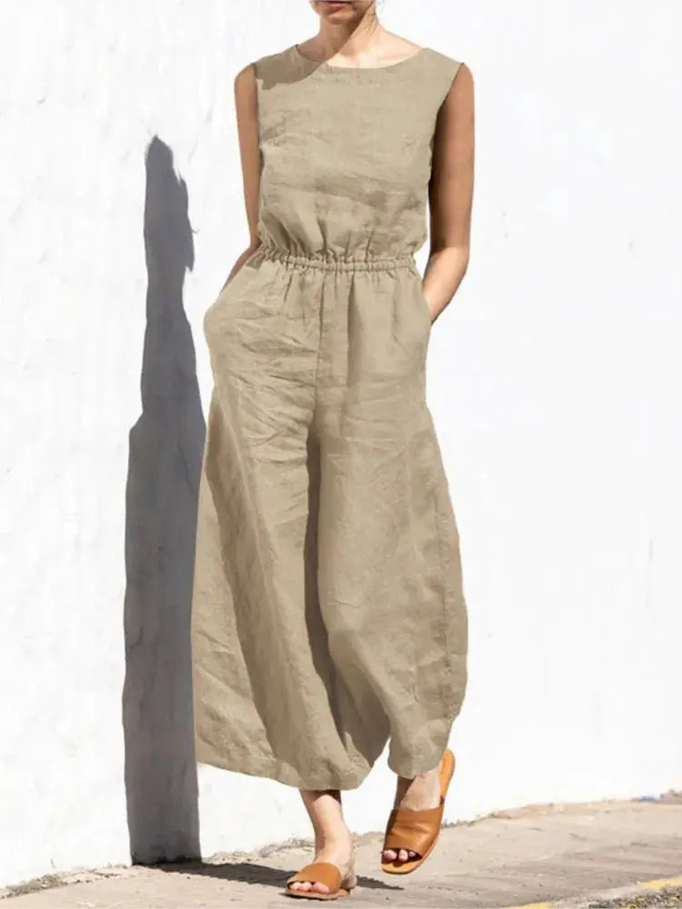Cotton and linen jumpsuit for women, sleeveless, high-waist with pockets, wide-leg beige.