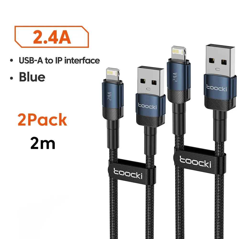 Toocki USB cables, 2-pack, blue braided, 2m, USB-A to Lightning for iPhone