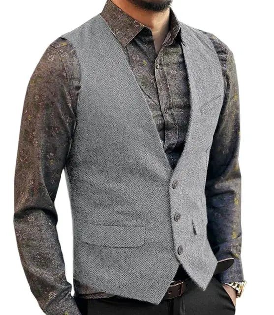 Deep V-neck gray herringbone suit vest, slim-fit men's waistcoat for weddings