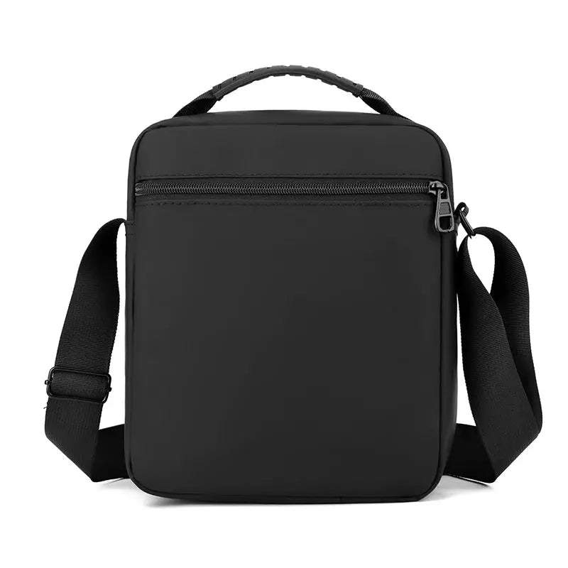 Messenger sling bag, black with zipper pocket and adjustable strap.