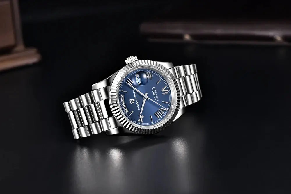 Pagani Design DD36 men's wristwatch with blue dial, fluted bezel, stainless steel bracelet, automatic movement