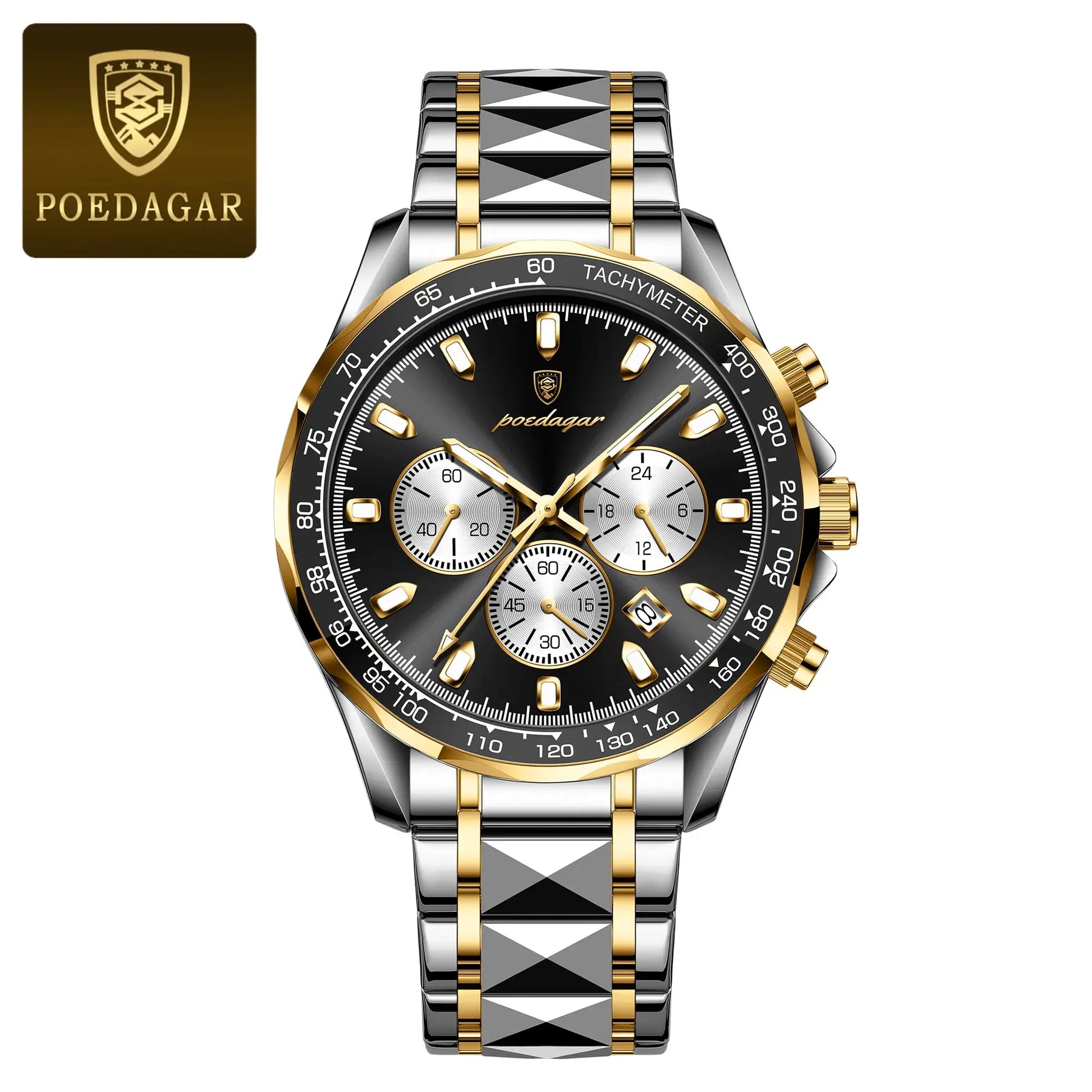POEDAGAR luxury men's watch with two-tone stainless steel bracelet, black dial, gold accents, chronograph subdials