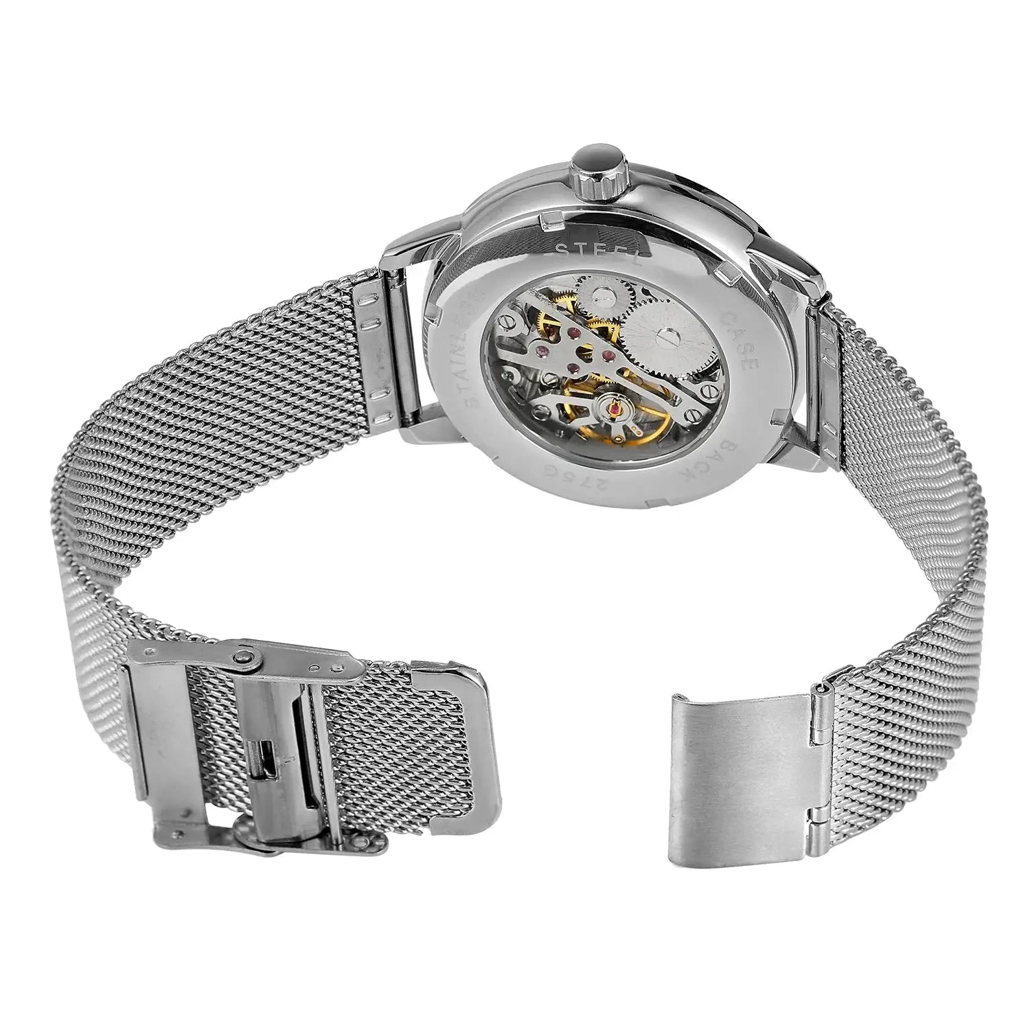WINNER mechanical wristwatch with silver mesh strap and visible movement