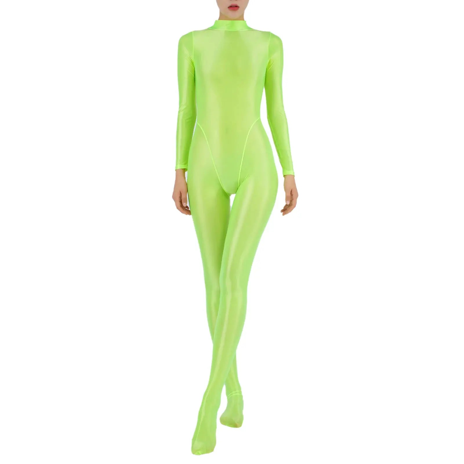 Women's neon lime green shiny full-body jumpsuit with long sleeves and footed design.