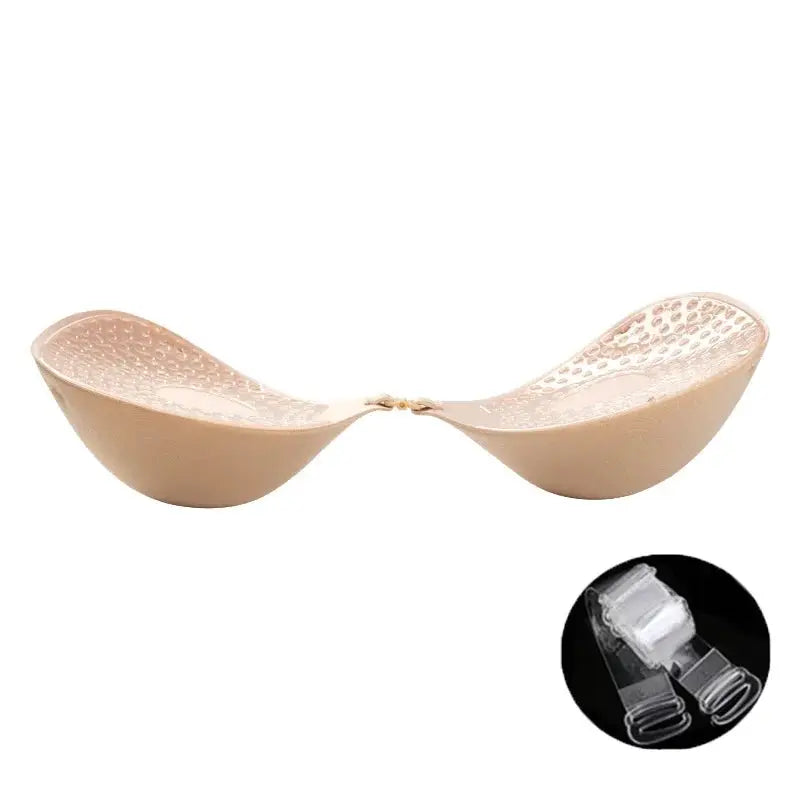 Adhesive padded strapless bra cups by Simples Market, beige with front clasp, 2-piece set
