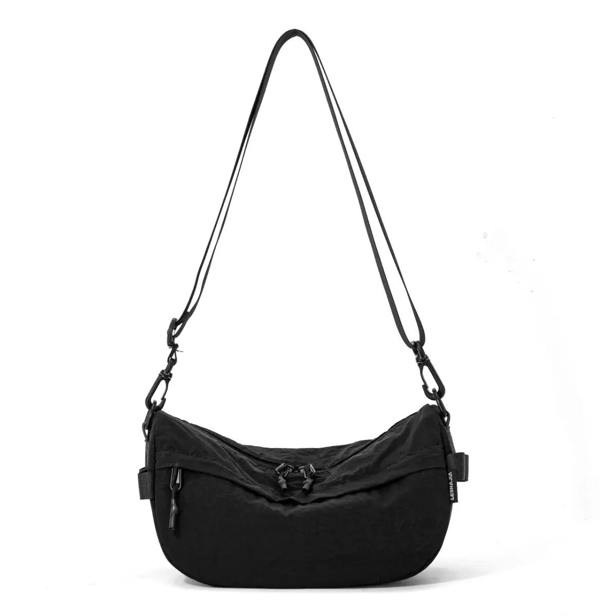Japanese-style waterproof nylon crossbody bag in black with multiple pockets and an adjustable strap