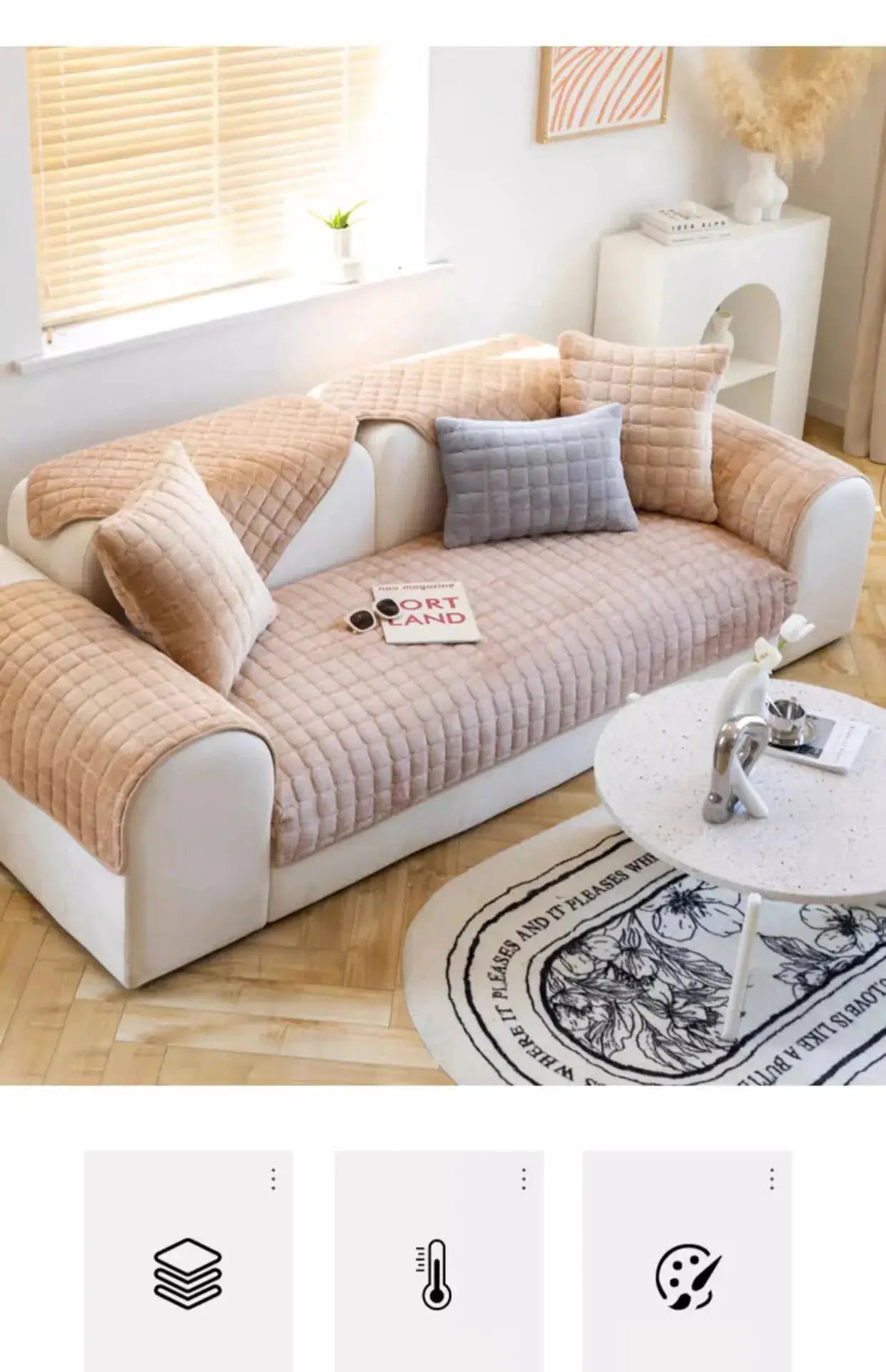 Plush plaid sofa cushion set with non-slip velvet covers; 4 cushions in peach and gray by Simples Market