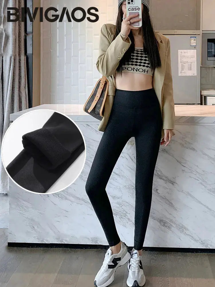 BIVIGAOS Fall Winter Brushed Shark Leggings, black high-waisted seamless