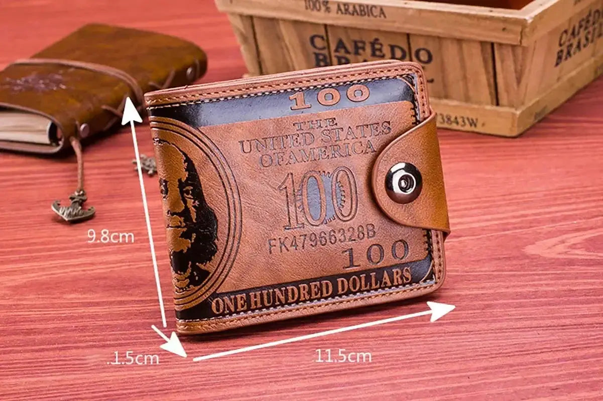 Men's genuine leather wallet by Simples Market, large-capacity bifold with money-print US bill design, RFID blocking