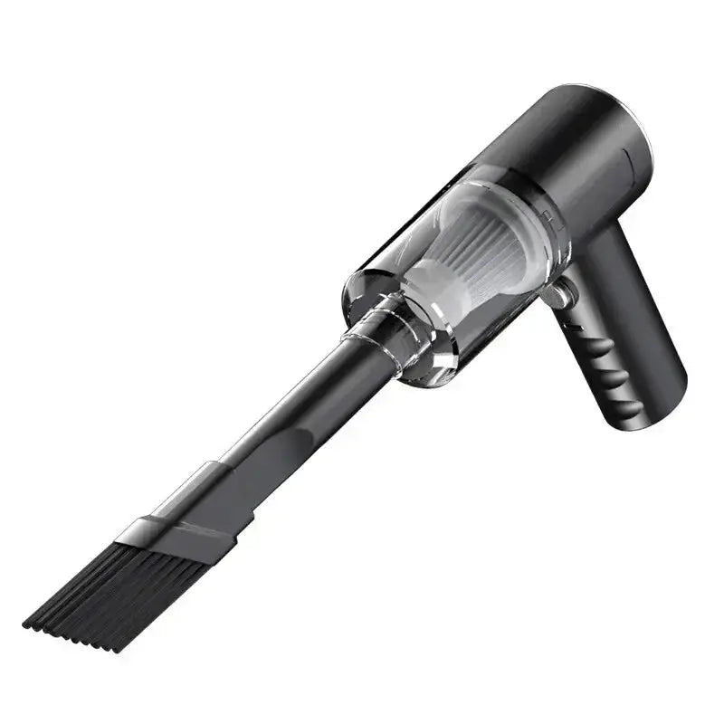 Portable wireless car vacuum cleaner, black handheld cordless 120W with transparent canister, dual-use for home and car.