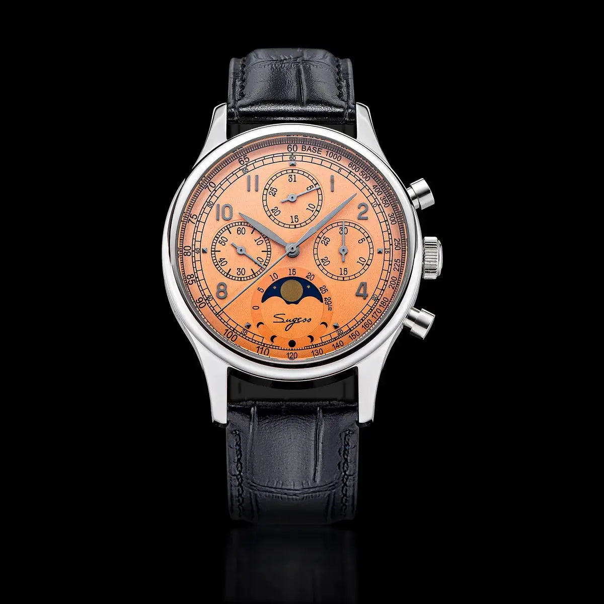 Sugess men's chronograph watch with orange dial, moonphase, stainless steel case and black leather strap
