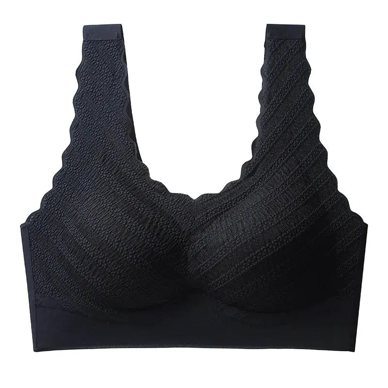 Seamless wireless sports bra crop top in black with ribbed textured cups