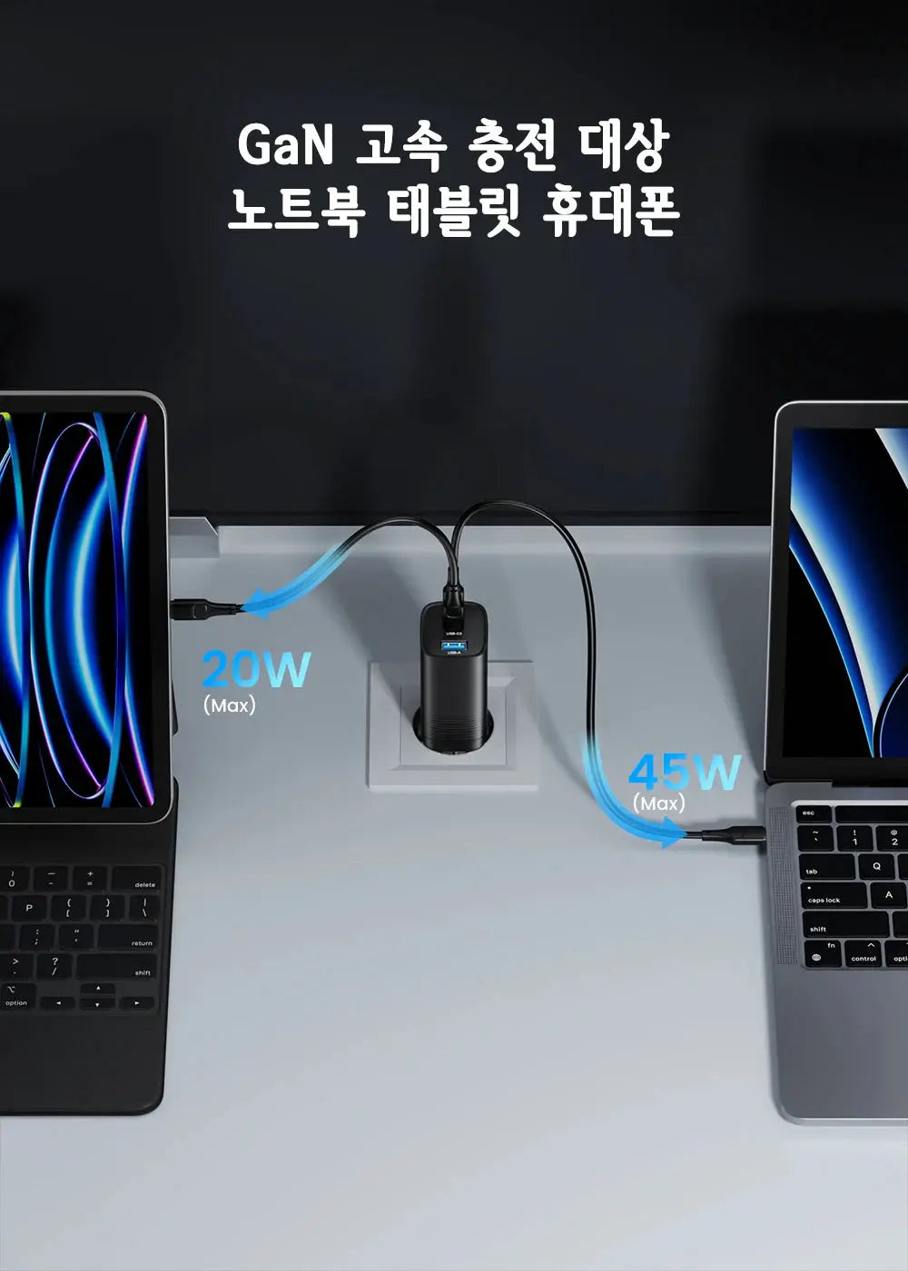 Simples Market ASOMETECH GaN USB-C charger, black dual-port 65W total powering two laptops