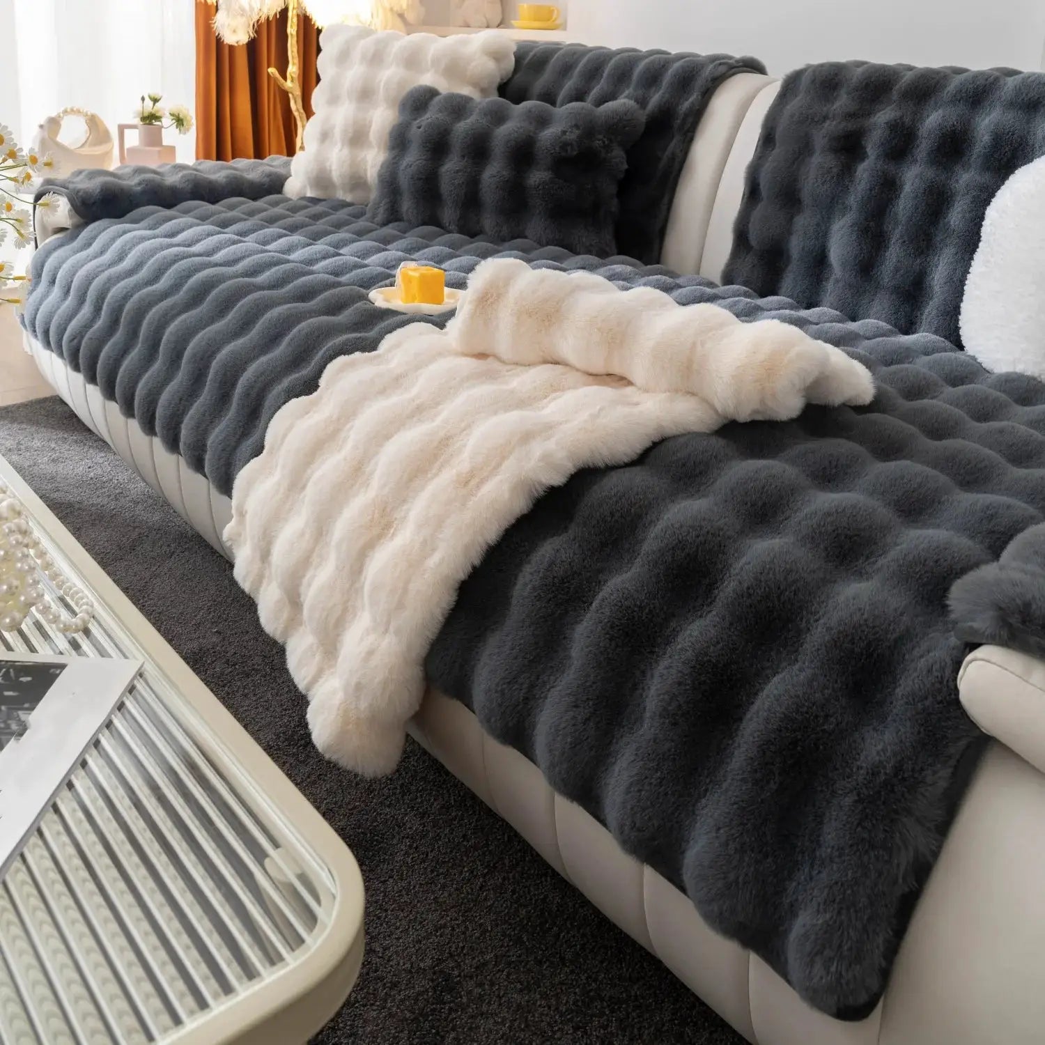 Thick faux rabbit fur sofa slipcover set in dark gray with white cushions, non-slip