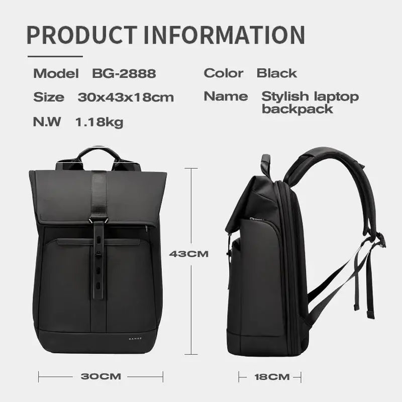 BANGE stylish laptop backpack, black unisex anti-theft waterproof, fits 15.6 inch laptops, 30x43x18 cm