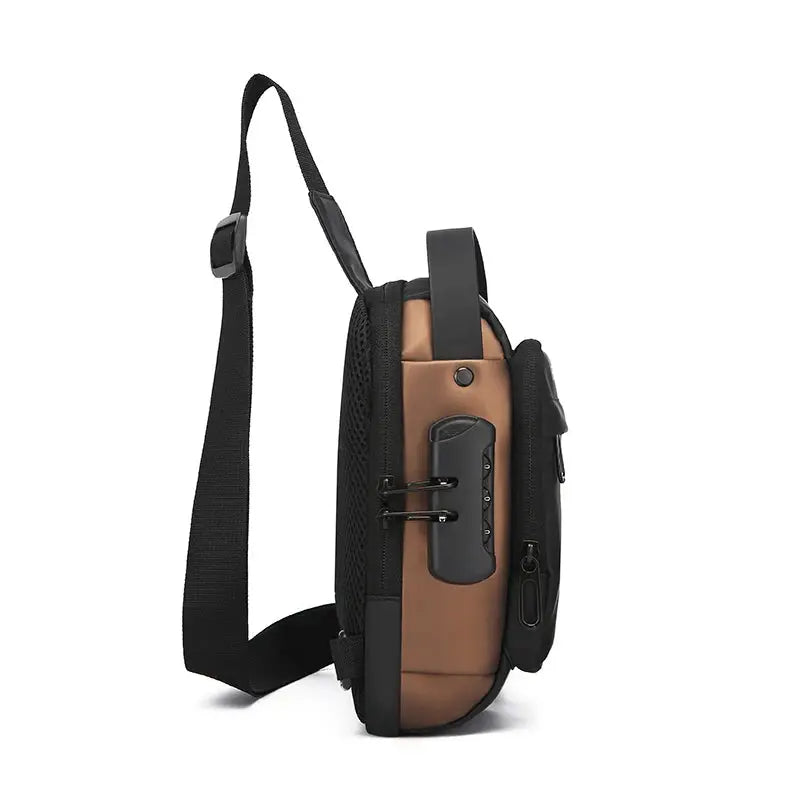 Men anti-theft chest bag crossbody with USB charging, brown and black, adjustable strap